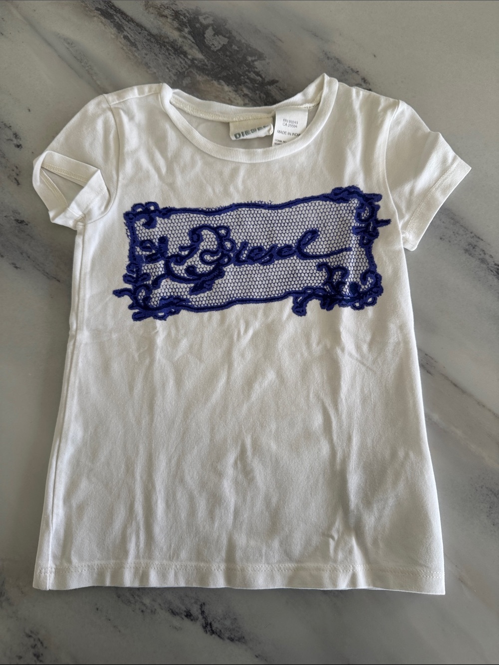 Diesel White Short-Sleeve Tee with Blue Embroidered Logo Panel
